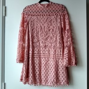 💙 shein pink lace pom pom bell sleeve dress